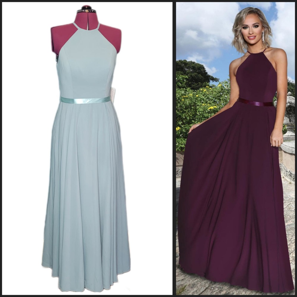 Ashley & Justin Halter Bridesmaid Gown Style 20346 Mist Blue Green sz 12